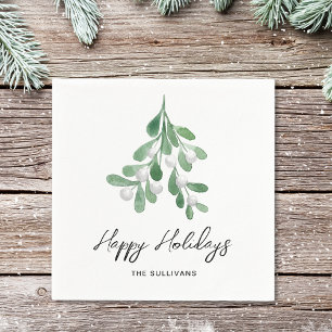 Happy Holidays Watercolor Greenery Napkin