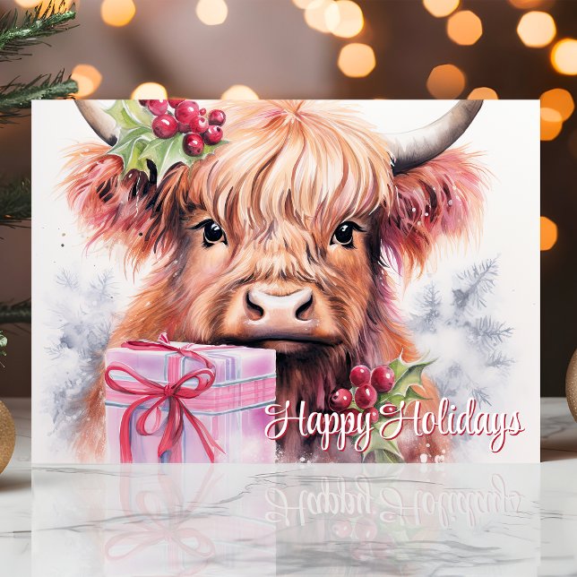 Happy Holidays Watercolor Highland Cow Christmas Holiday Card (Creator Uploaded)