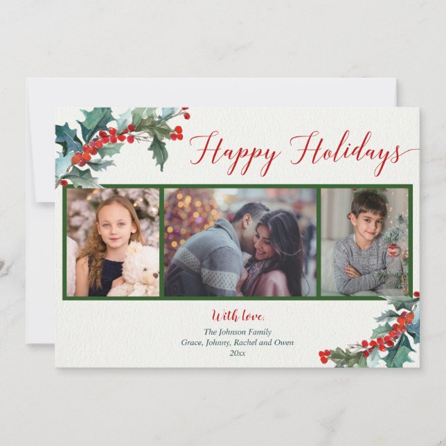 Happy Holidays watercolor holly 3 photo card (Front)