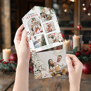 Happy Holidays Watercolor Holly Botanical 5 Photo All In One Invitation