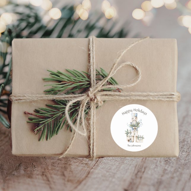 Happy Holidays Watercolor Nutcracker Family Name Classic Round Sticker (Creator Uploaded)