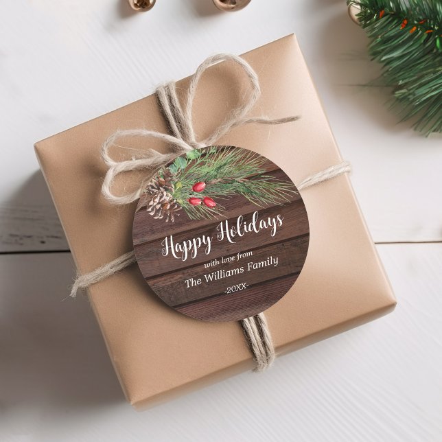 "Happy Holidays!" Watercolor Pine Christmas  Classic Round Sticker (Creator Uploaded)