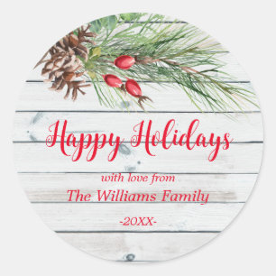 "Happy Holidays!" Watercolor Pine Christmas Classic Round Sticker