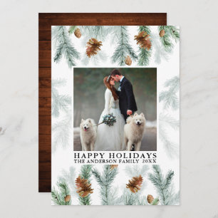 Happy Holidays Watercolor Pine Cone Greenery Wood Holiday Card