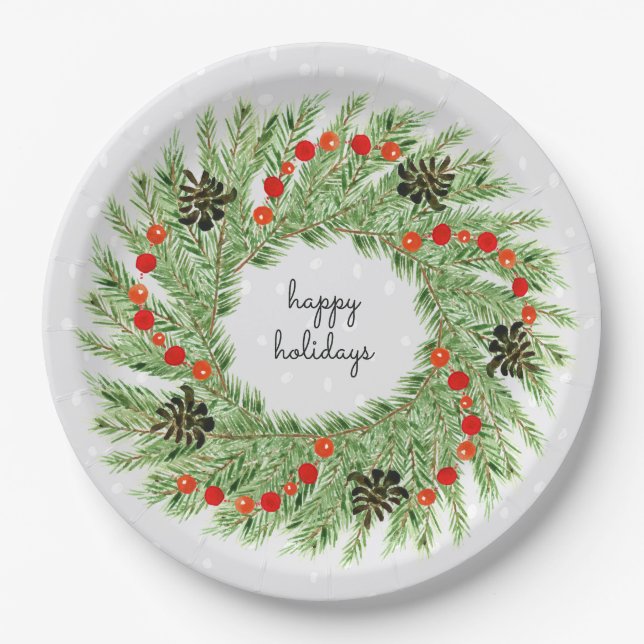 Happy Holidays Watercolor Pine Cone Wreath Paper Plate (Front)