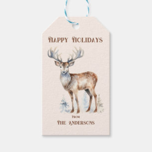 Happy Holidays Watercolor Reindeer Personalised Gift Tags