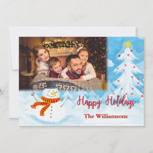 Happy Holidays Watercolor Snowman Photo Christmas Holiday Card