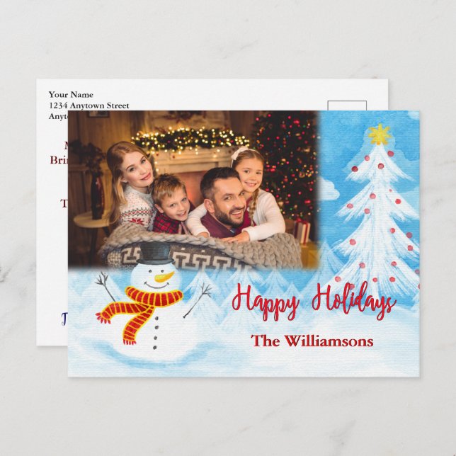 Happy Holidays Watercolor Snowman Photo Christmas Postcard (Front/Back)