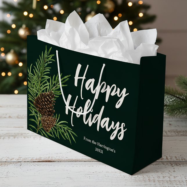 Happy Holidays Watercolor Winter Pine Green  Large Gift Bag (Creator Uploaded)
