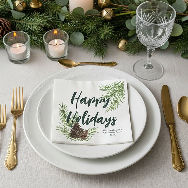 Happy Holidays Watercolor Winter Pine Personalised Napkin (Creator Uploaded)
