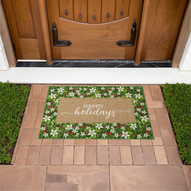 Happy Holidays Welcome Wreath On Faux Burlap Doormat (Outdoor)