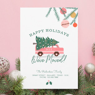 Happy Holidays We've Moved Pink Van Christmas Tree Holiday Card