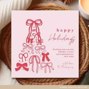 Happy Holidays Whimsical Bow Pink Red Holiday Card