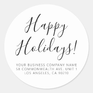 Happy Holidays white black script simple address Classic Round Sticker
