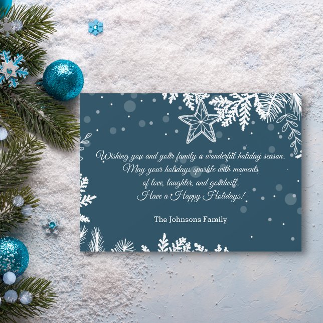 happy holidays white blue christmas pines stylish holiday card (Creator Uploaded)