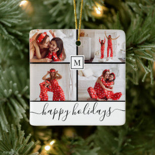 Happy Holidays White Family Photo Collage Monogram Ceramic Ornament