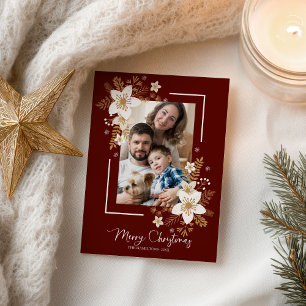 Happy Holidays White Floral Christmas Photo Postcard