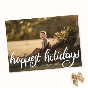 happy holidays white hand lettering family holiday card