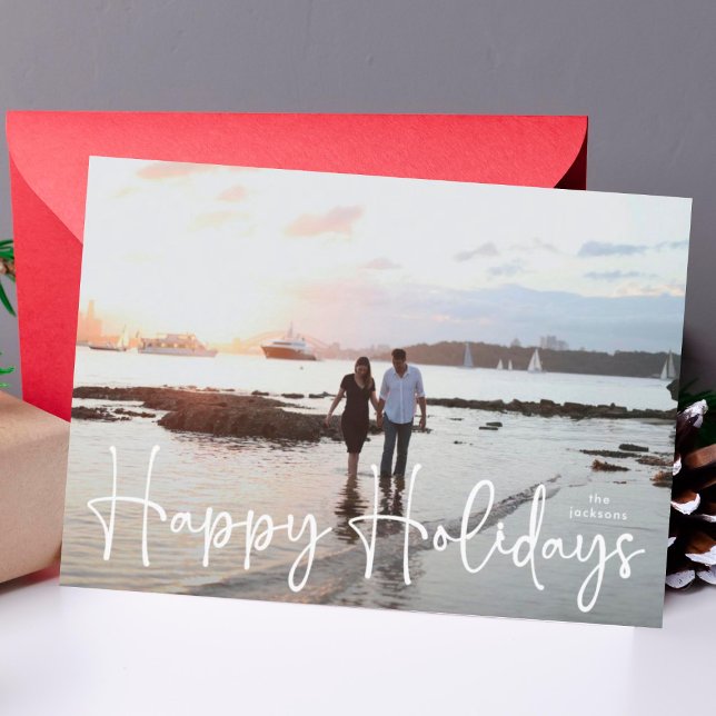 Happy Holidays White modern Hand Written Photo Holiday Card (Creator Uploaded)