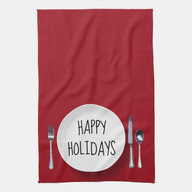 Happy Holidays White Plate and Silverware Tea Towel (Vertical)