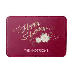 Happy Holidays, White Poinsettia, Personalised Bath Mat