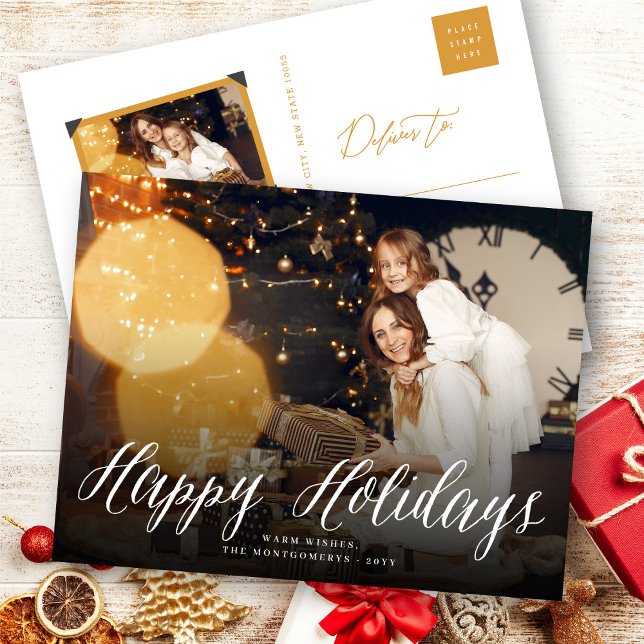 Happy Holidays White Script Holiday Photo Postcard (Creator Uploaded)
