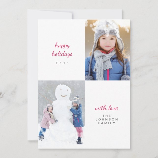 Happy Holidays White Snowy Minimal Family Photo Holiday Card (Front)