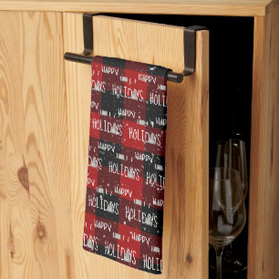 Happy Holidays White Trees On Buffalo Plaid Tea Towel
