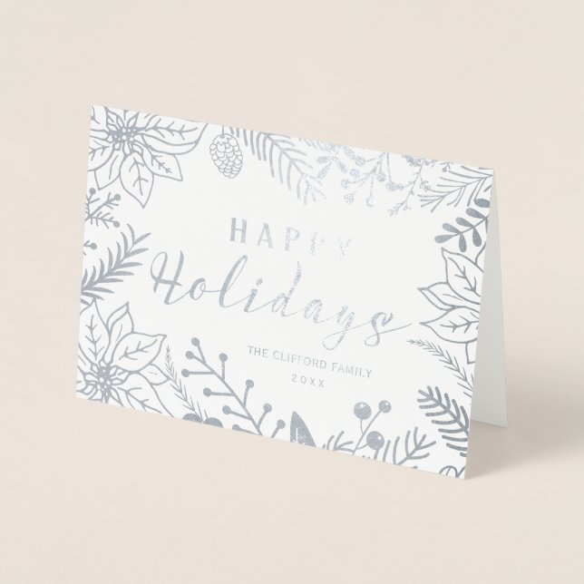 HAPPY HOLIDAYS WINTER FOLIAGE FRAME | SILVER FOIL CARD (Front)