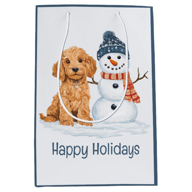 Happy Holidays Winter Goldendoodle Dog Snowman Medium Gift Bag (Front)