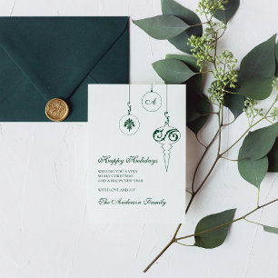  Happy Holidays Winter Green Monogram Bauble Photo Holiday Card