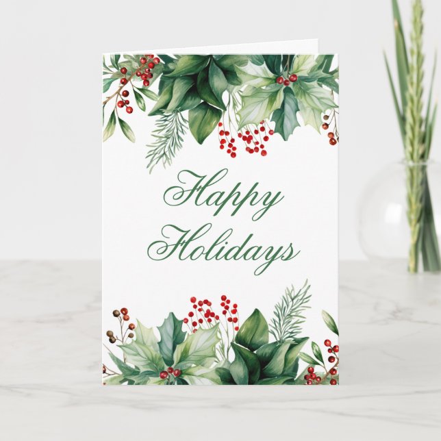 Happy Holidays Winter Greenery  Holiday Card (Front)