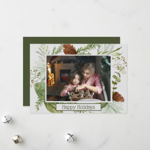 Happy Holidays Winter Greenery Horizontal Photo Holiday Card