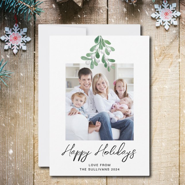 Happy Holidays Winter Greenery Mistletoe Photo Holiday Card (Creator Uploaded)
