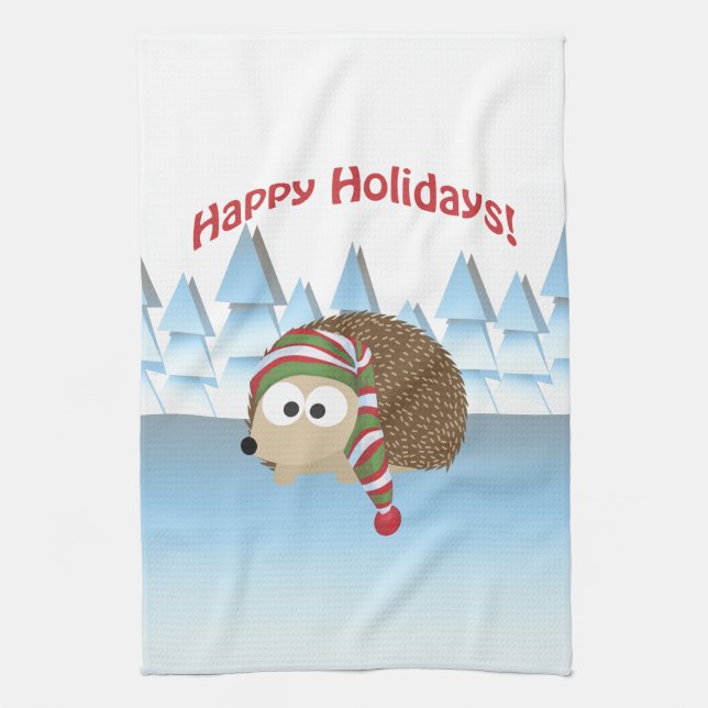 Happy Holidays! Winter Hedgehog Tea Towel (Vertical)