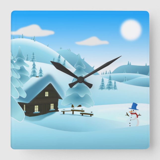 "HAPPY HOLIDAYS" WINTER LANDSCAPE SQUARE WALL CLOCK (Front)