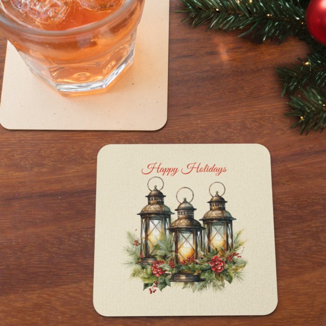 Happy Holidays Winter Lanterns Square Paper Coaster (Creator Uploaded)