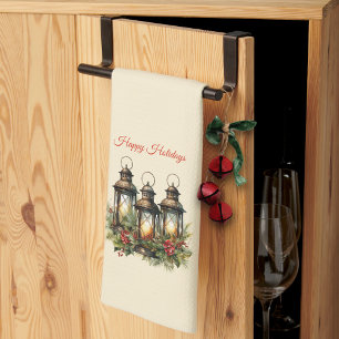 Happy Holidays Winter Lanterns Tea Towel