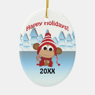 Happy Holidays! Winter Monkey Ceramic Tree Decoration