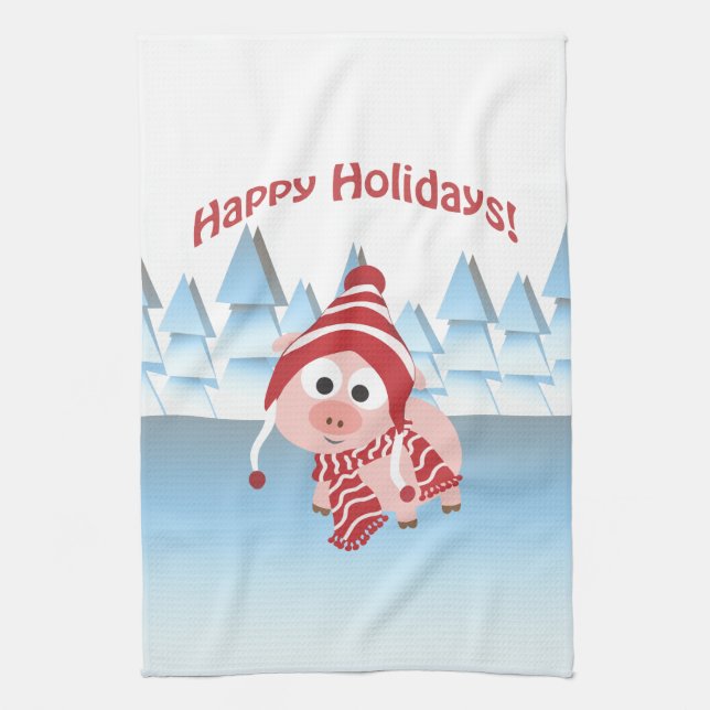 Happy Holidays! Winter Pig Tea Towel (Vertical)