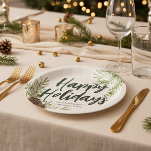 Happy Holidays Winter Pine Greenery Ivory Paper Plate