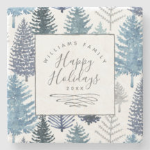 Happy Holidays  Winter Pines Custom  Stone Coaster