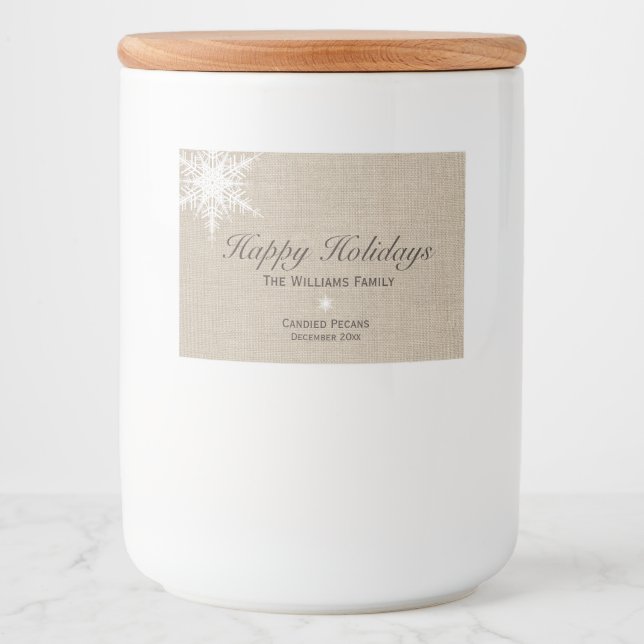 Happy Holidays Winter Snowflake Food Label Burlap (Front)