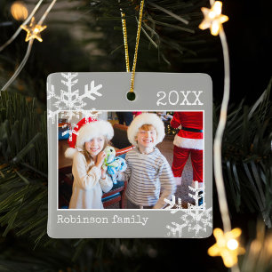 Happy Holidays Winter Snowflake Light Grey Photo Ceramic Ornament