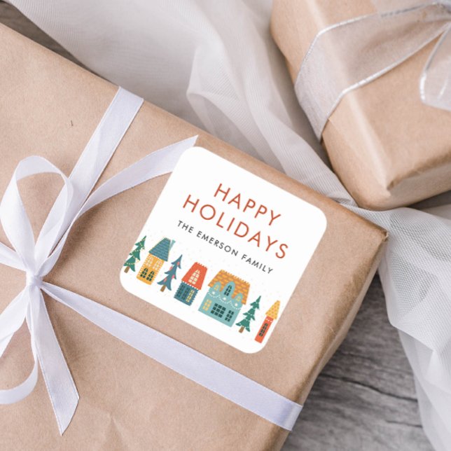 Happy Holidays Winter Stickers (Happy Holidays Retro Chic Houses Square Envelope Seal Gift Sticker by Painted Paperie)