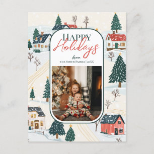 Happy Holidays Winter Village Family Photo Postcard