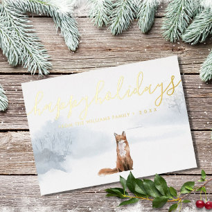 Happy Holidays Winter Woodland Scene Fox Gold