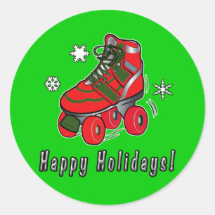 Happy Holidays with Christmas Roller Skate Classic Round Sticker