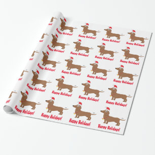 Happy Holidays with Dachshund Wearing Santa Hat Wrapping Paper