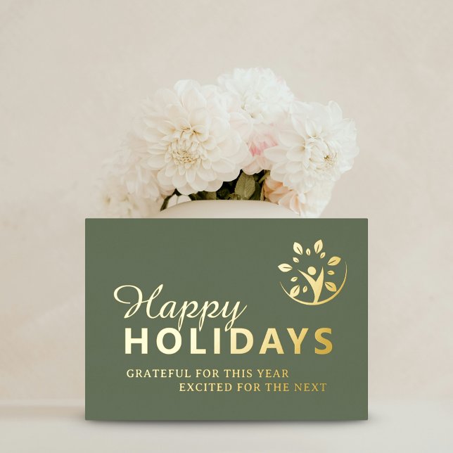 Happy holidays with logo business green gold foil (Happy holidays with logo business green gold foil foil holiday card)